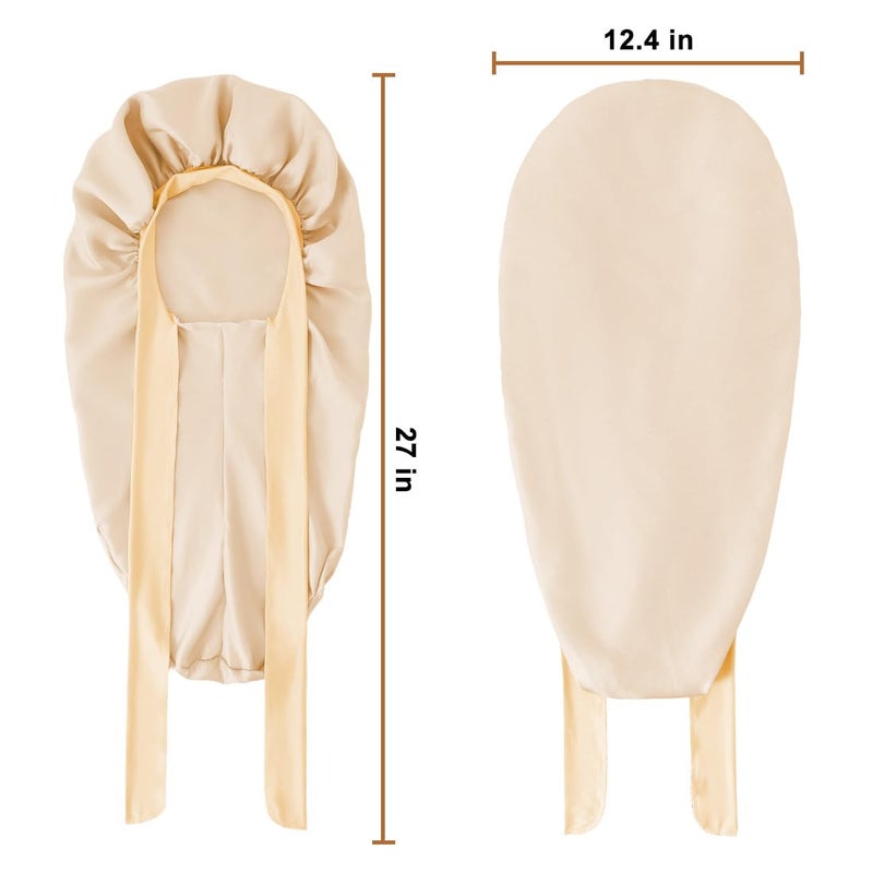 Supaze Braid Bonnet for Sleeping, Long Satin Bonnet for Women Curly Hair, Satin Lined with Long Strap(Champagne) showercap - Image 5